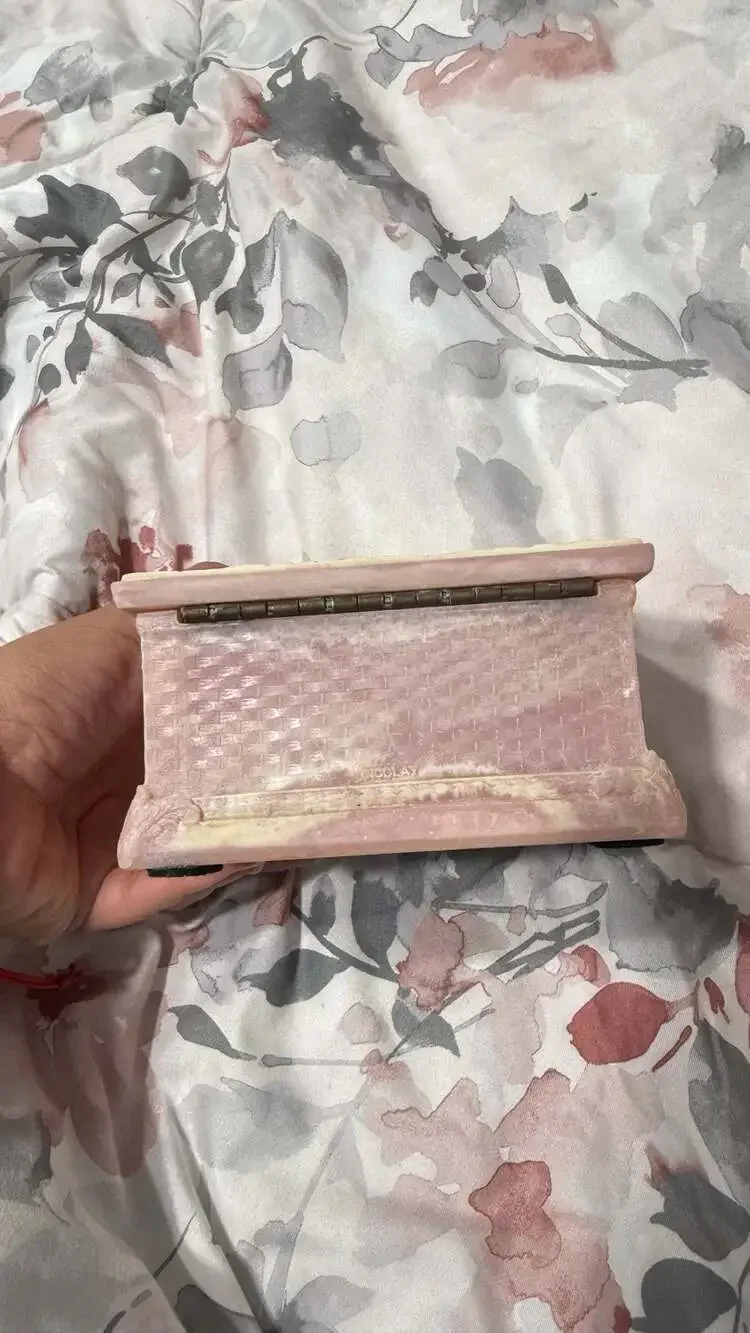Vintage Incolay Stone Pink Marble Square Jewelry Box with Magnolia Flower Relief